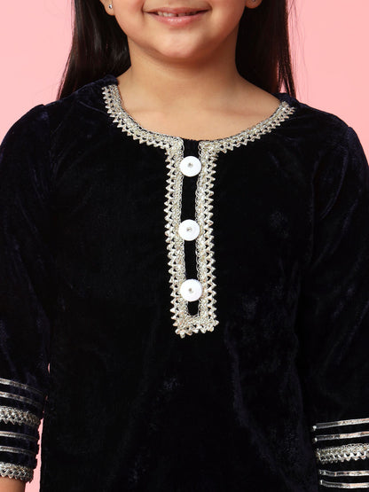 Straight Style Velvet Fabric Navy Blue Color Kurta And Sharara