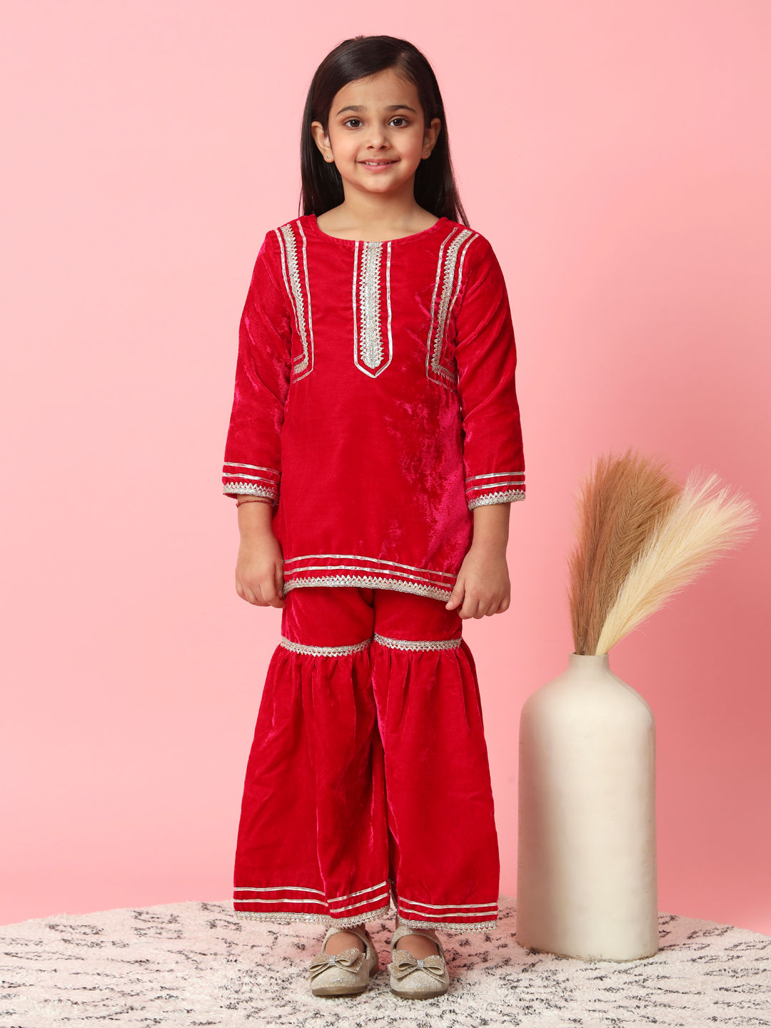 Straight Style Velvet Fabric Magenta Color Kurta And Sharara