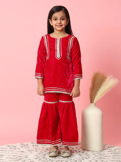 Straight Style Velvet Fabric Magenta Color Kurta And Sharara