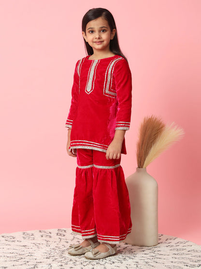 Straight Style Velvet Fabric Magenta Color Kurta And Sharara