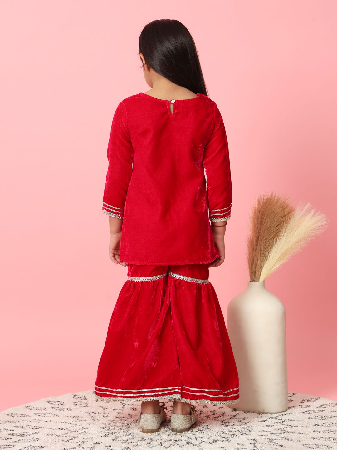 Straight Style Velvet Fabric Magenta Color Kurta And Sharara