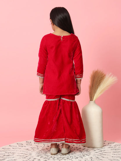 Straight Style Velvet Fabric Magenta Color Kurta And Sharara