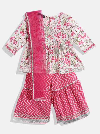 Frock Style Cotton Fabric White And Pink Color Kurta And Sharara With Dupatta