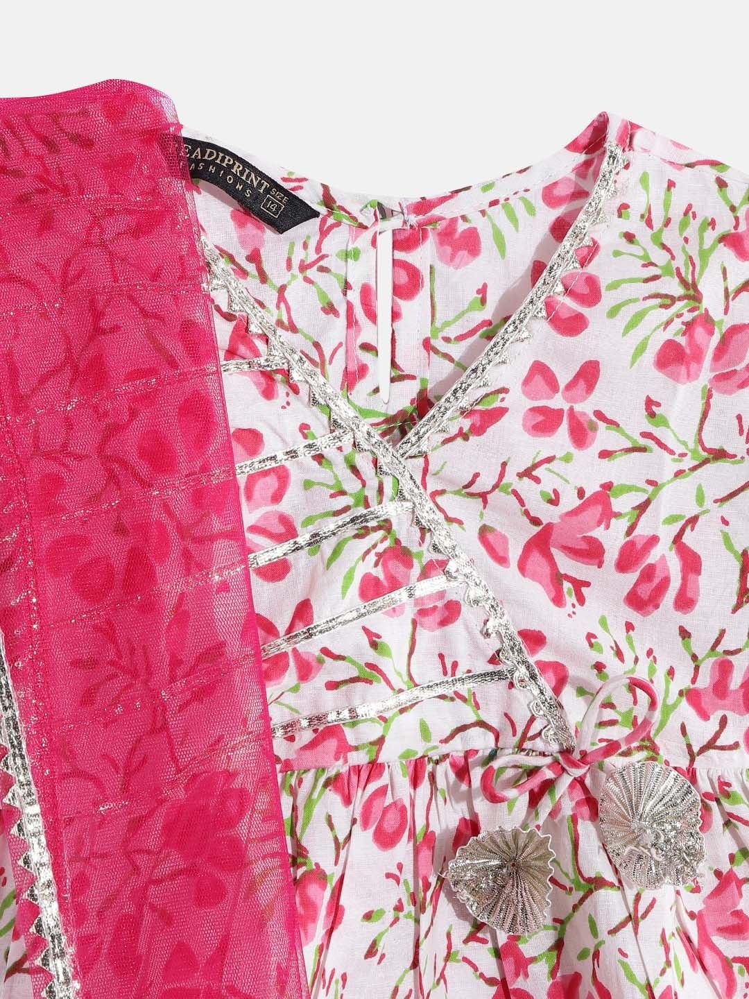 Frock Style Cotton Fabric White And Pink Color Kurta And Sharara With Dupatta