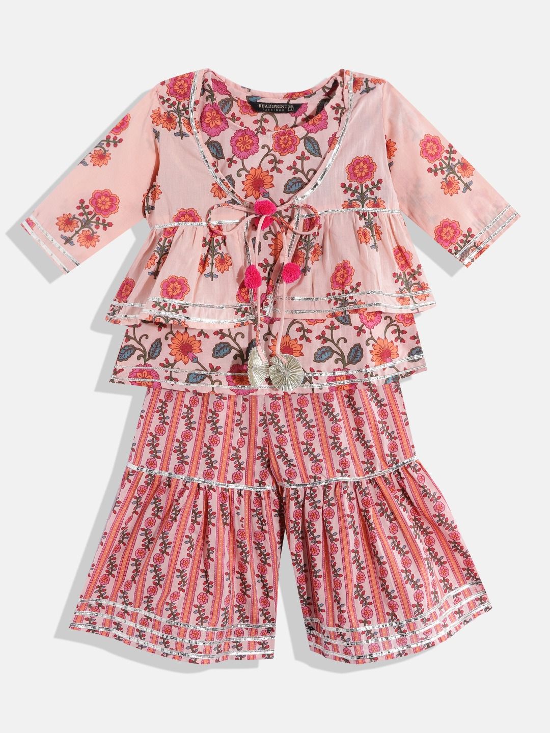 Frock Style Cotton Fabric Peach Color Kurta With Jacket And Sharara