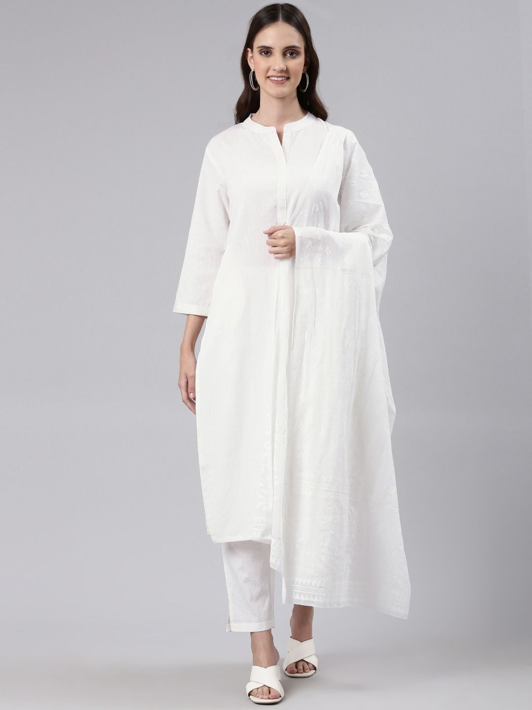 Straight Style Cotton Fabric White Color Kurta With Bottom & Dupatta