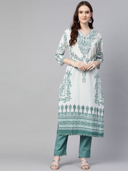 Straight Style Cotton Fabric White & Green Color Kurta With Bottom