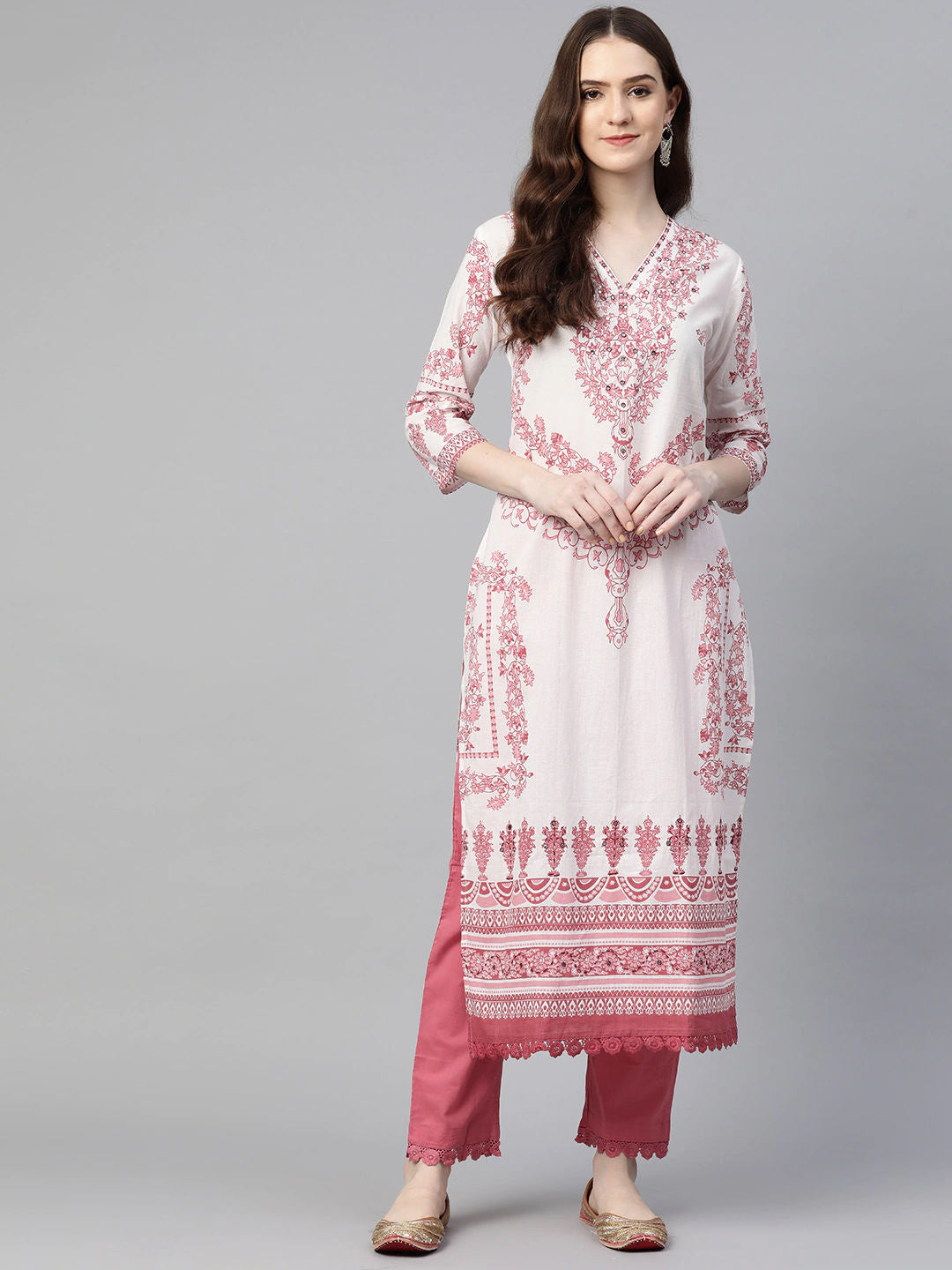 Straight Style Cotton Fabric White & Pink Color Kurta With Bottom