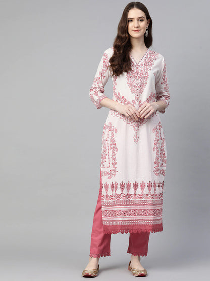 Straight Style Cotton Fabric White & Pink Color Kurta With Bottom