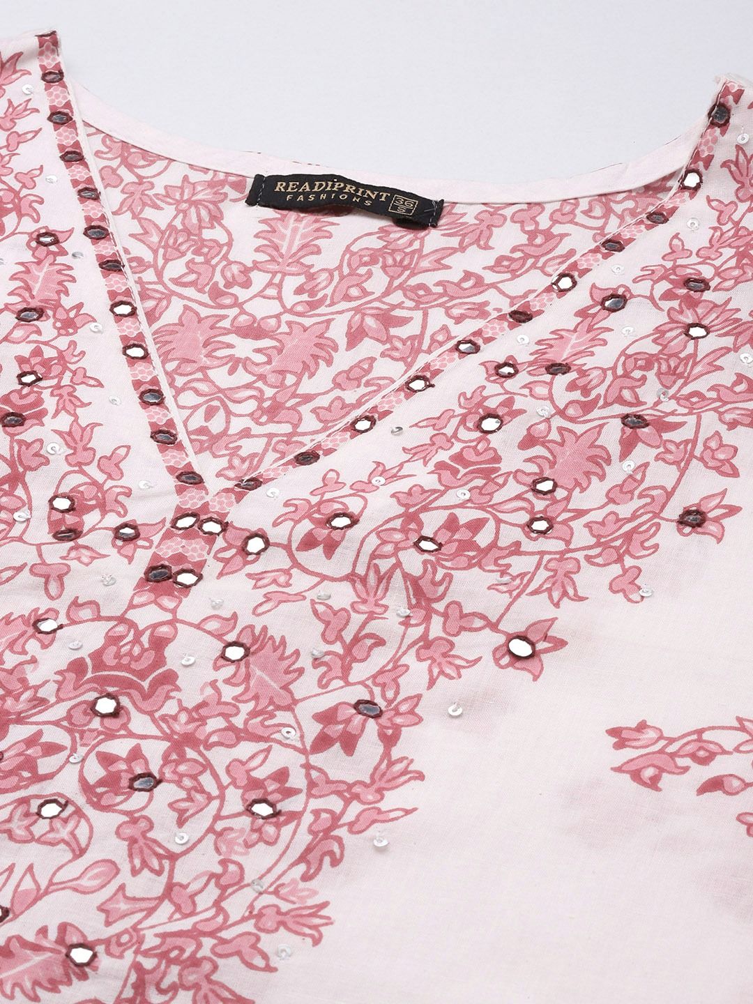 Straight Style Cotton Fabric White & Pink Color Kurta With Bottom