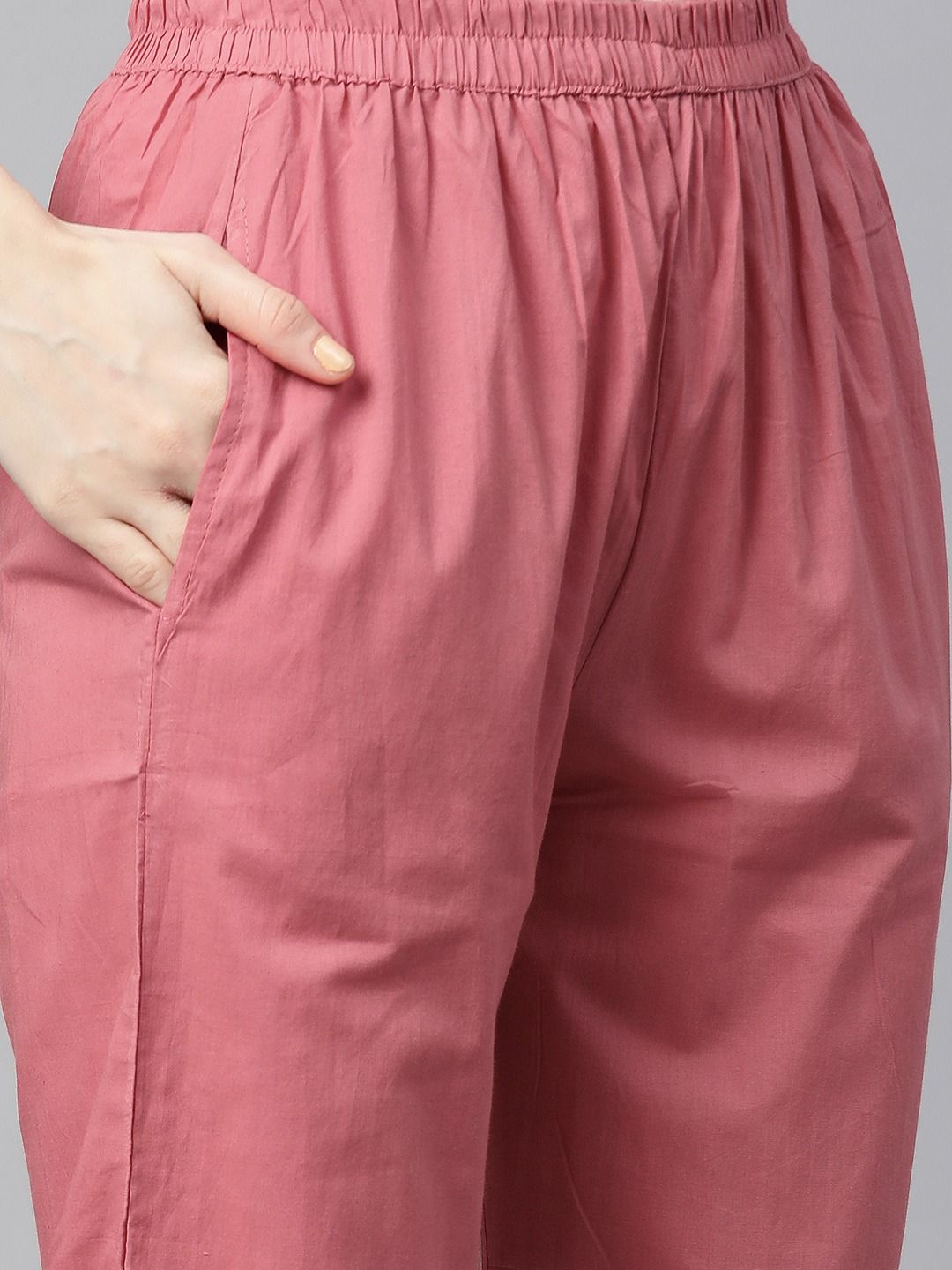 Straight Style Cotton Fabric White & Pink Color Kurta With Bottom