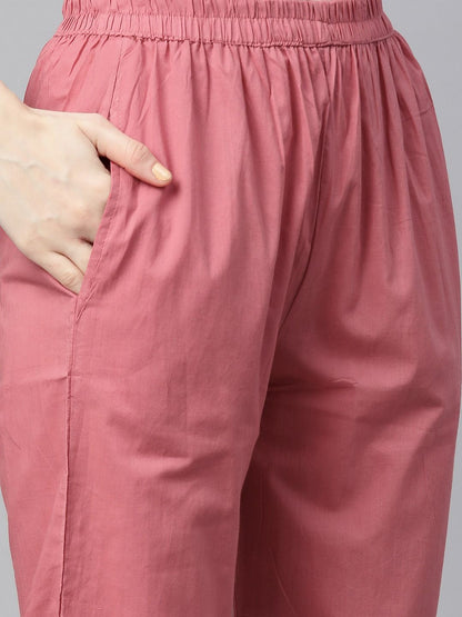 Straight Style Cotton Fabric White & Pink Color Kurta With Bottom