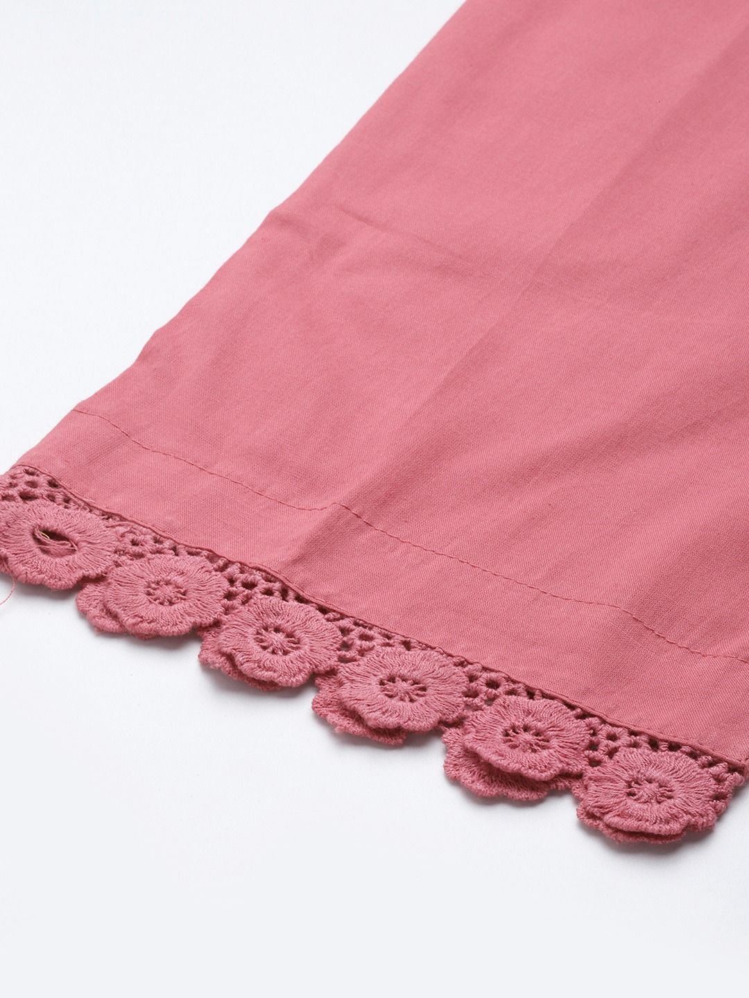 Straight Style Cotton Fabric White & Pink Color Kurta With Bottom