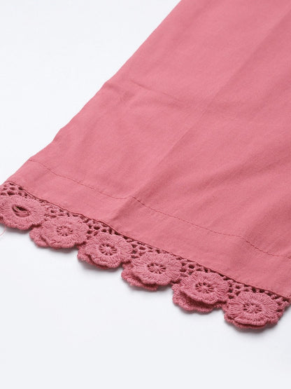 Straight Style Cotton Fabric White & Pink Color Kurta With Bottom