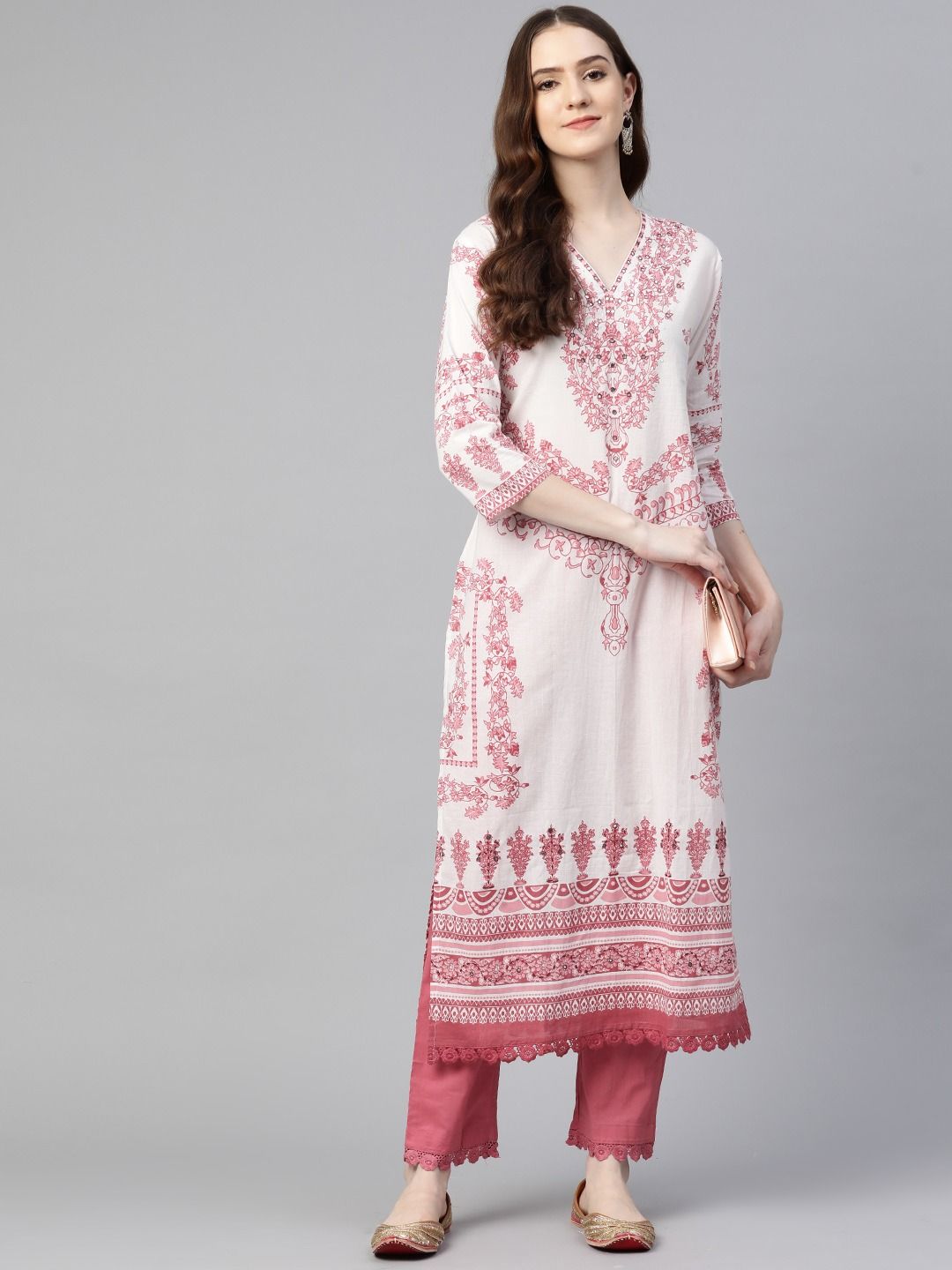 Straight Style Cotton Fabric White & Pink Color Kurta With Bottom