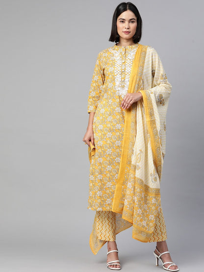 Straight Style Cotton Fabric Mustard Color Kurta With Bottom & Dupatta