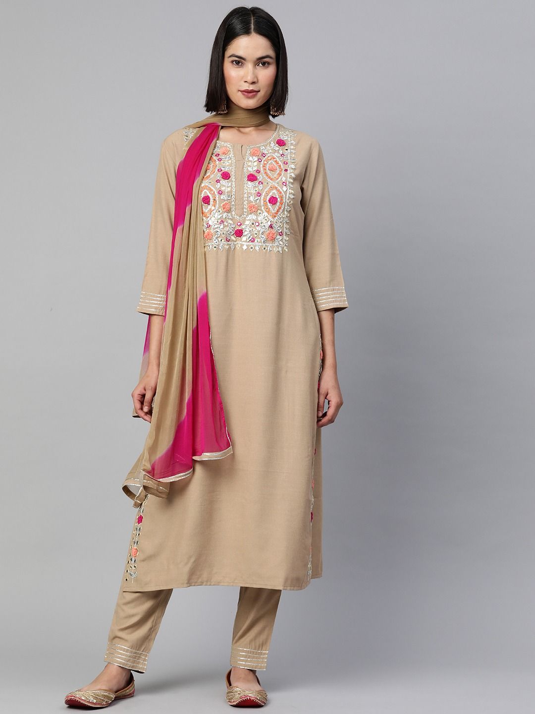 Straight Style Rayon Fabric Beige Color Kurta With Bottom & Dupatta