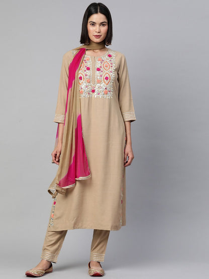 Straight Style Rayon Fabric Beige Color Kurta With Bottom & Dupatta