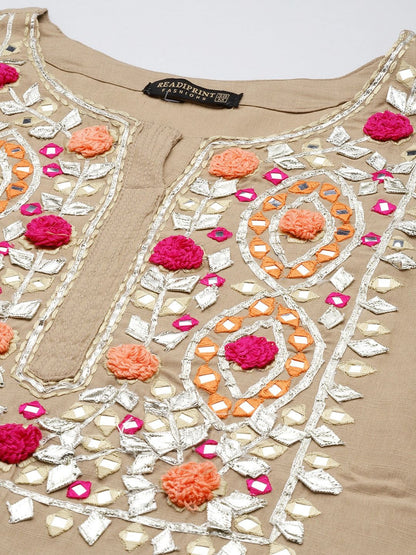Straight Style Rayon Fabric Beige Color Kurta With Bottom & Dupatta
