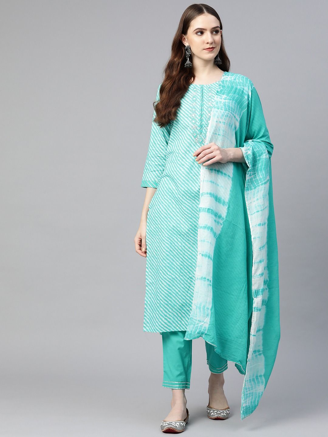 Straight Style Cotton Fabric Sea Green Color Kurta With Bottom & Dupatta