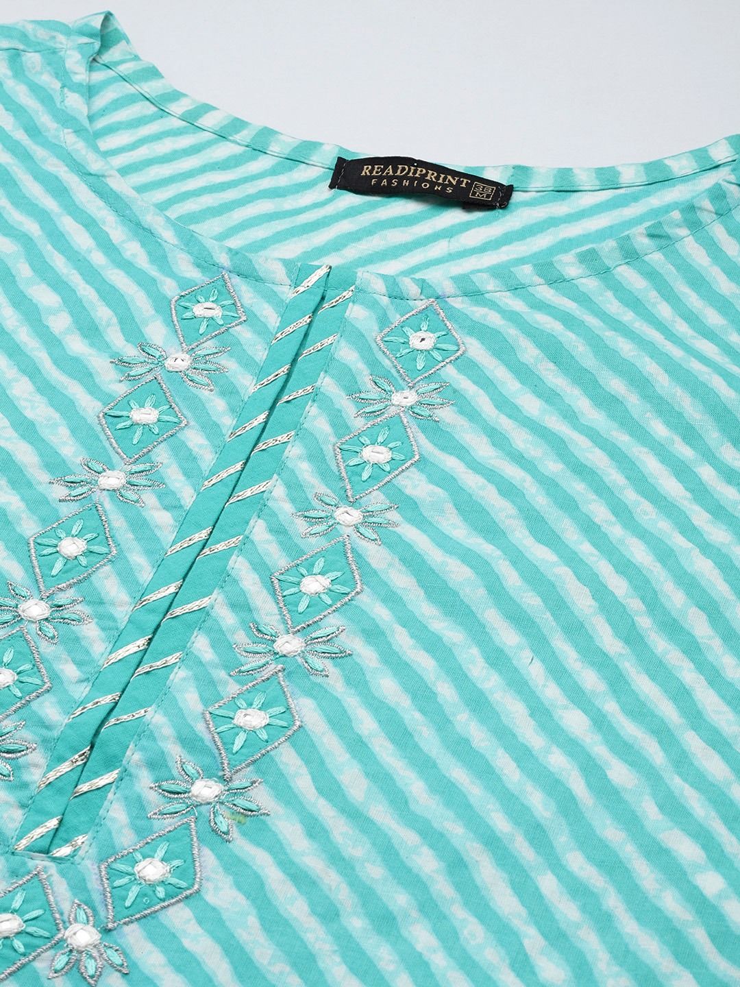 Straight Style Cotton Fabric Sea Green Color Kurta With Bottom & Dupatta