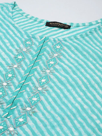 Straight Style Cotton Fabric Sea Green Color Kurta With Bottom & Dupatta