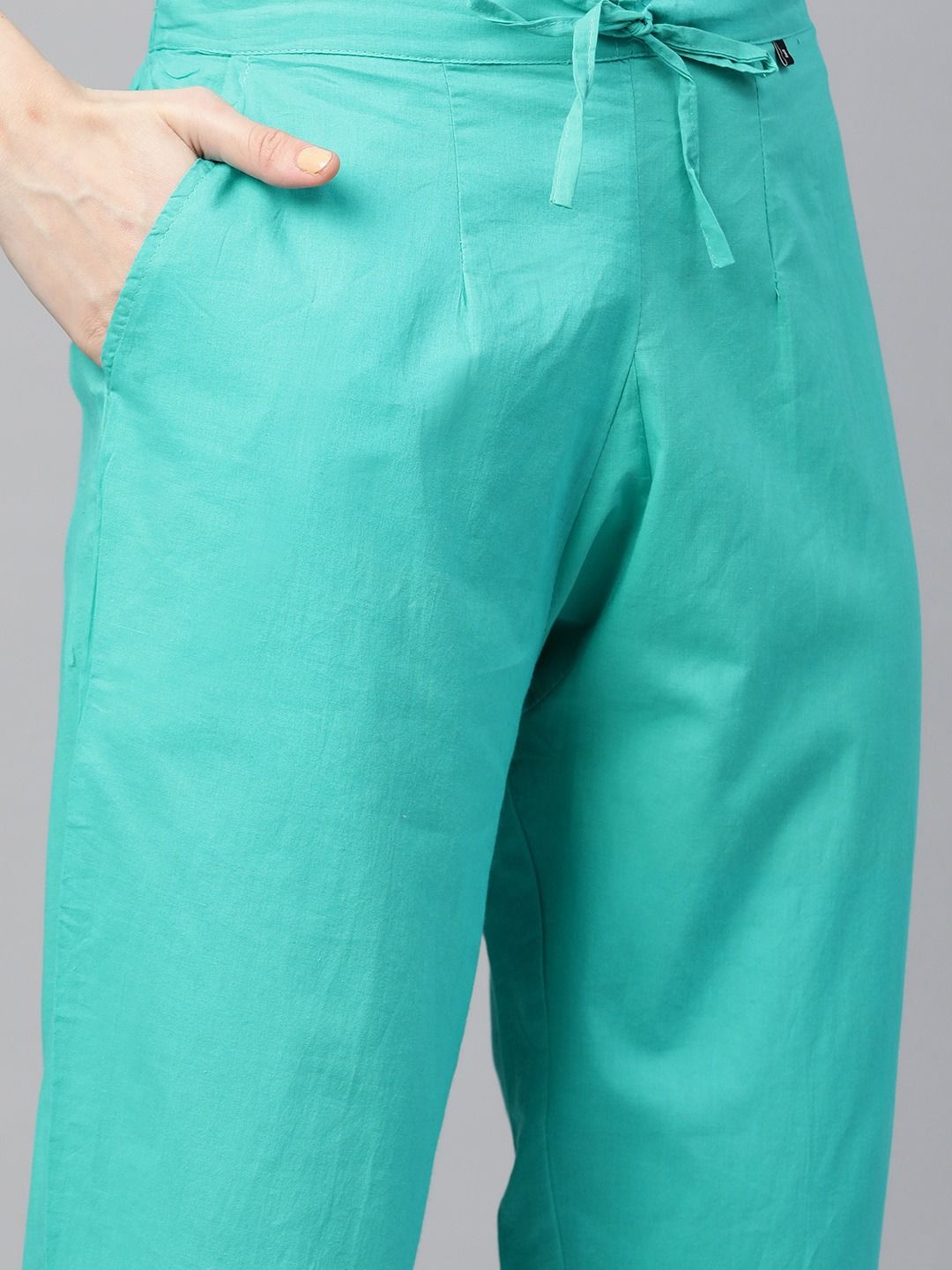 Straight Style Cotton Fabric Sea Green Color Kurta With Bottom & Dupatta