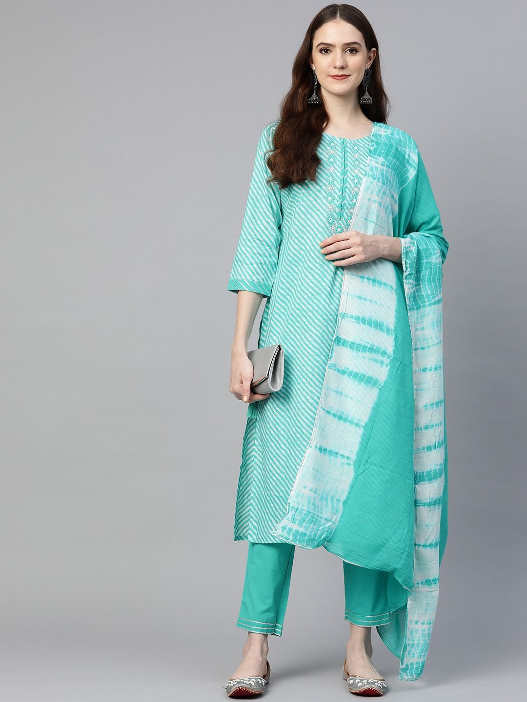 Straight Style Cotton Fabric Sea Green Color Kurta With Bottom & Dupatta