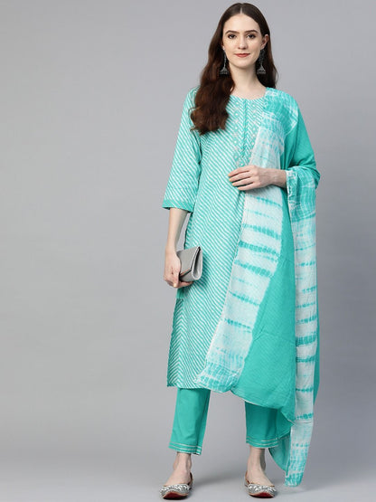Straight Style Cotton Fabric Sea Green Color Kurta With Bottom & Dupatta