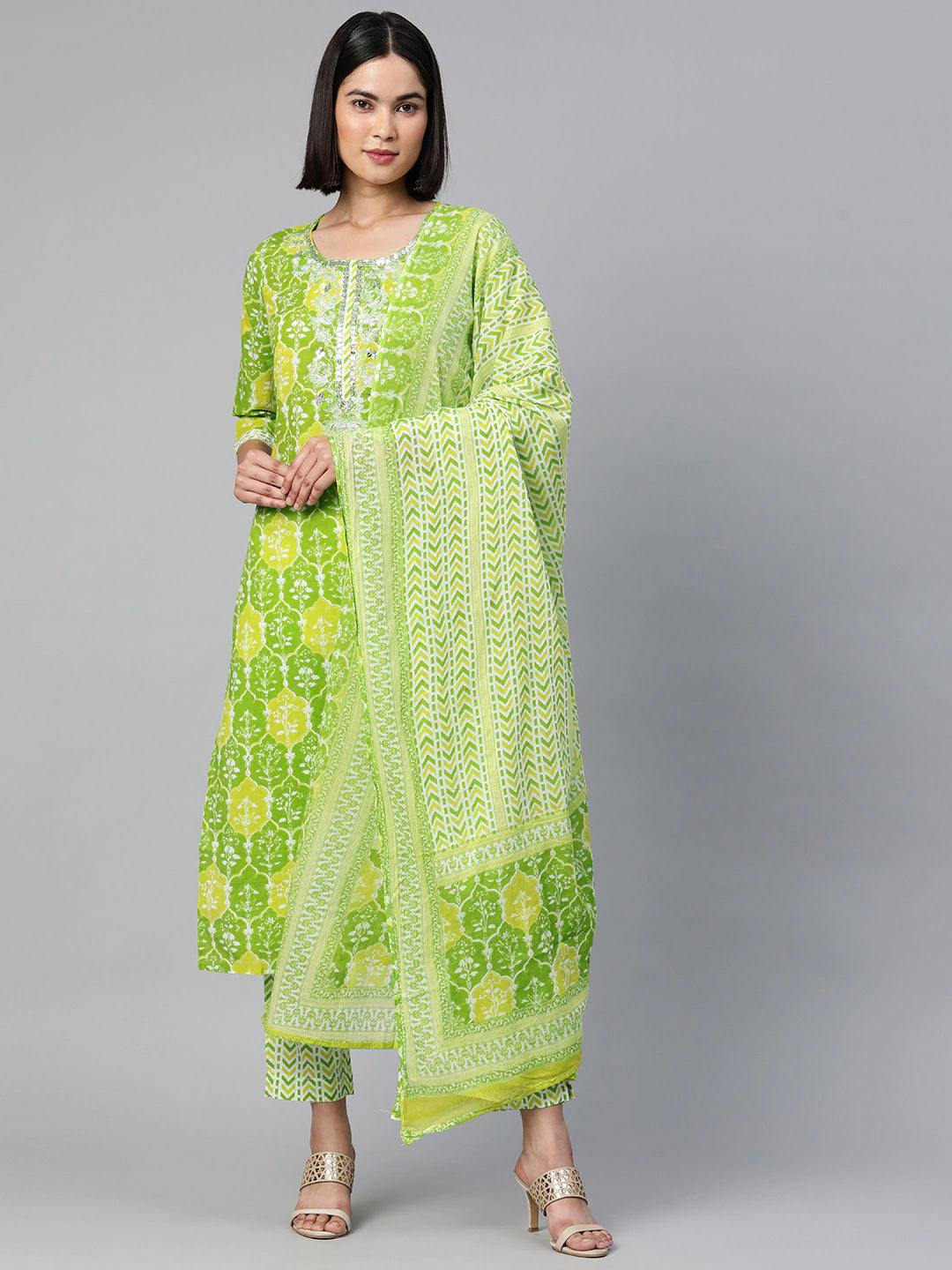 Straight Style Cotton Fabric Green & Yellow Color Kurta With Bottom & Dupatta