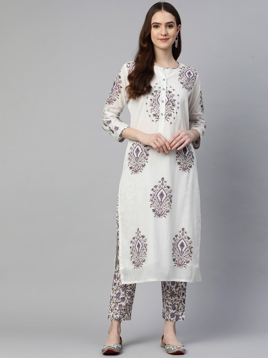 Straight Style Cotton Fabric White Color Kurta With Bottom