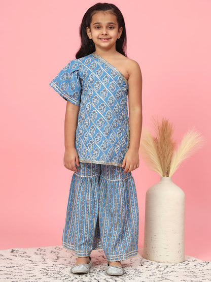 Straight Style Cotton Fabric Blue Color Printed Kurta And Sharara