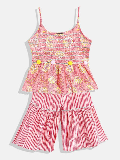 Frock Style Cotton Fabric Pink Color Printed Kurta And Sharara