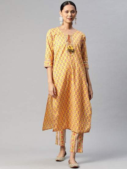 Straight Style Cotton Fabric Yellow Color Kurta With Bottom