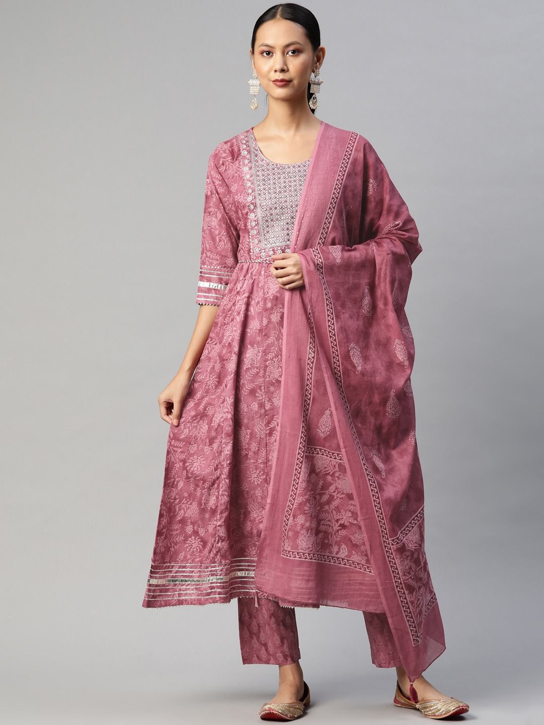 Anarkali Style Cotton Fabric Mauve Color Kurta With Bottom And Dupatta