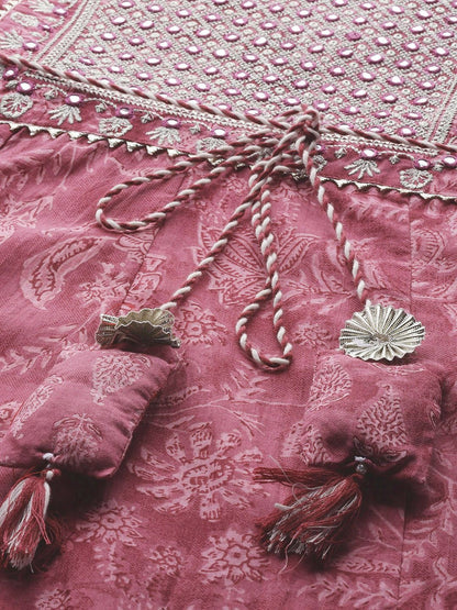 Anarkali Style Cotton Fabric Mauve Color Kurta With Bottom And Dupatta