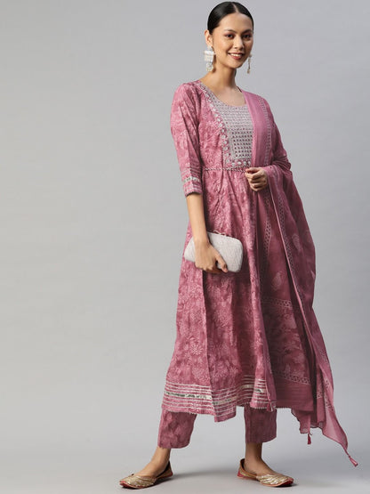 Anarkali Style Cotton Fabric Mauve Color Kurta With Bottom And Dupatta