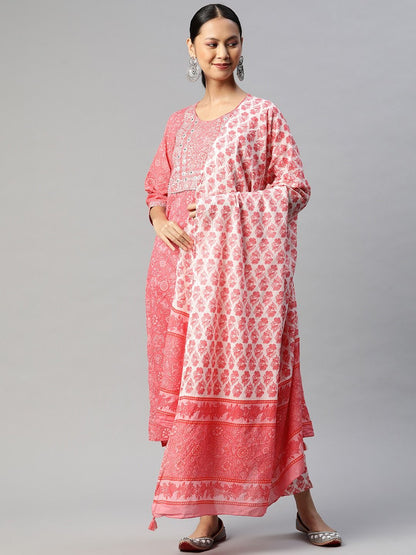 Straight Style Cotton Fabric Pink Color Kurta With Bottom And Dupatta