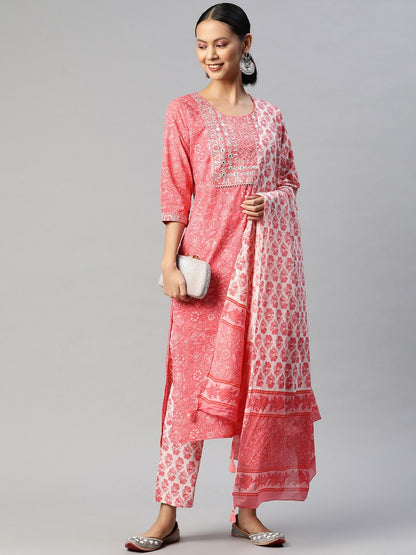 Straight Style Cotton Fabric Pink Color Kurta With Bottom And Dupatta