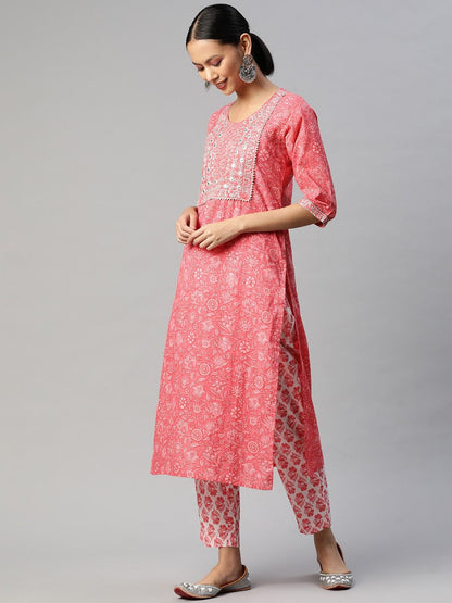 Straight Style Cotton Fabric Pink Color Kurta With Bottom And Dupatta