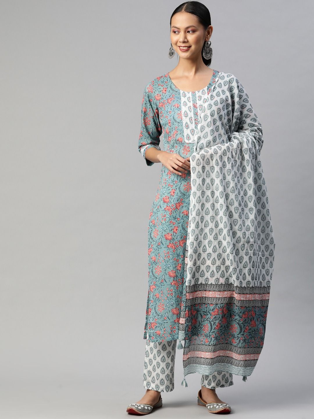 Straight Style Cotton Fabric Blue Color Kurta With Bottom And Dupatta