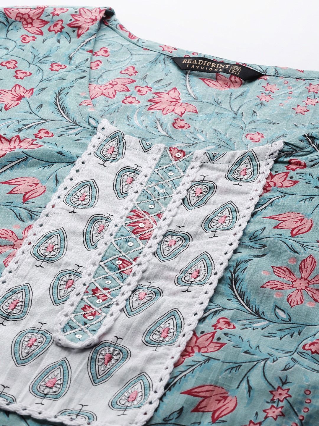 Straight Style Cotton Fabric Blue Color Kurta With Bottom And Dupatta