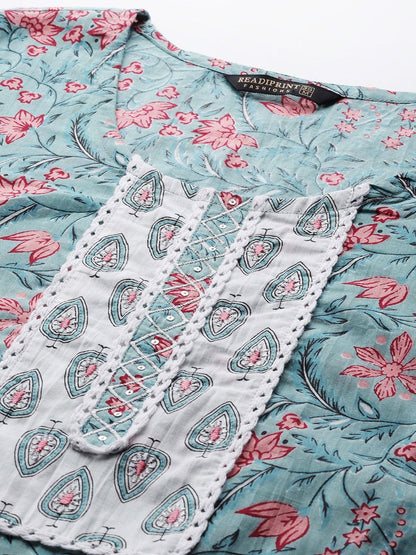 Straight Style Cotton Fabric Blue Color Kurta With Bottom And Dupatta