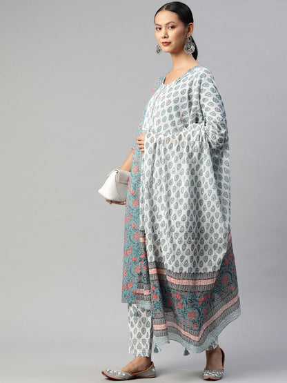 Straight Style Cotton Fabric Blue Color Kurta With Bottom And Dupatta