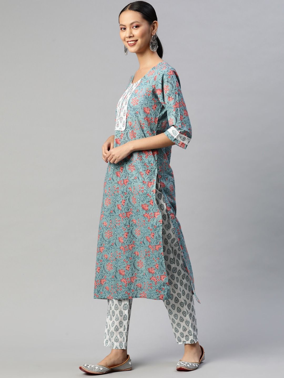 Straight Style Cotton Fabric Blue Color Kurta With Bottom And Dupatta