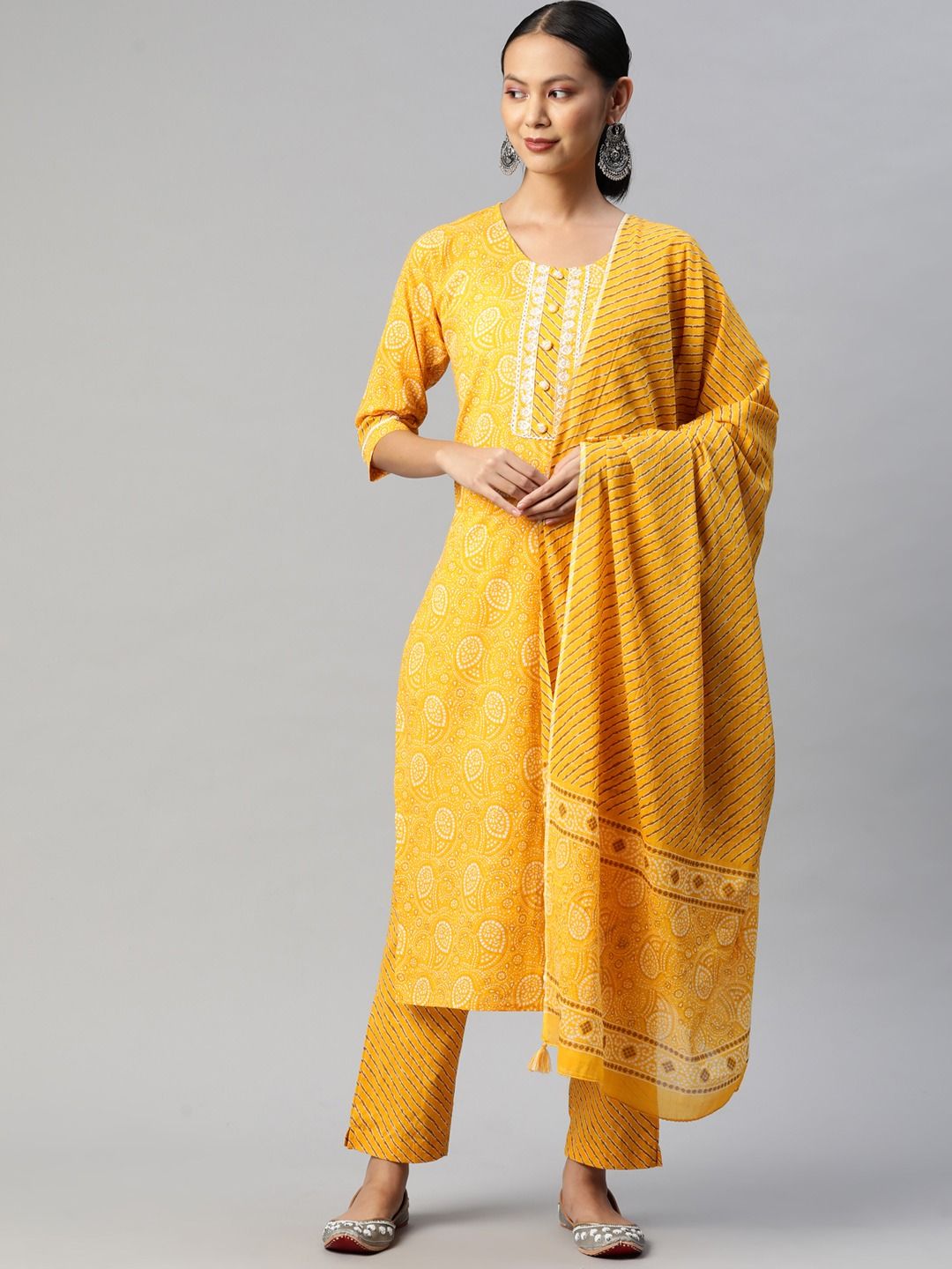 Straight Style Cotton Fabric Yellow Color Kurta With Bottom And Dupatta