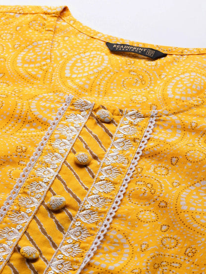 Straight Style Cotton Fabric Yellow Color Kurta With Bottom And Dupatta