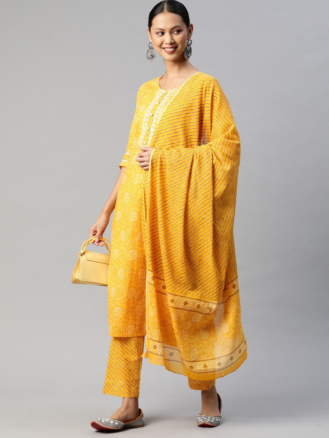 Straight Style Cotton Fabric Yellow Color Kurta With Bottom And Dupatta