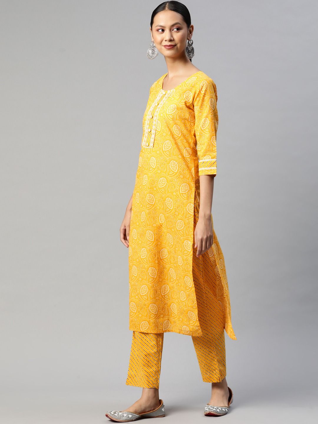 Straight Style Cotton Fabric Yellow Color Kurta With Bottom And Dupatta