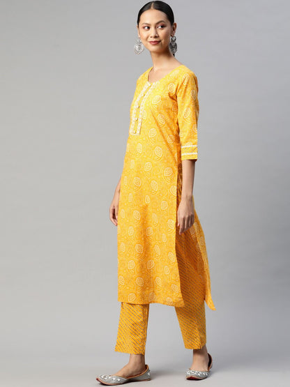 Straight Style Cotton Fabric Yellow Color Kurta With Bottom And Dupatta